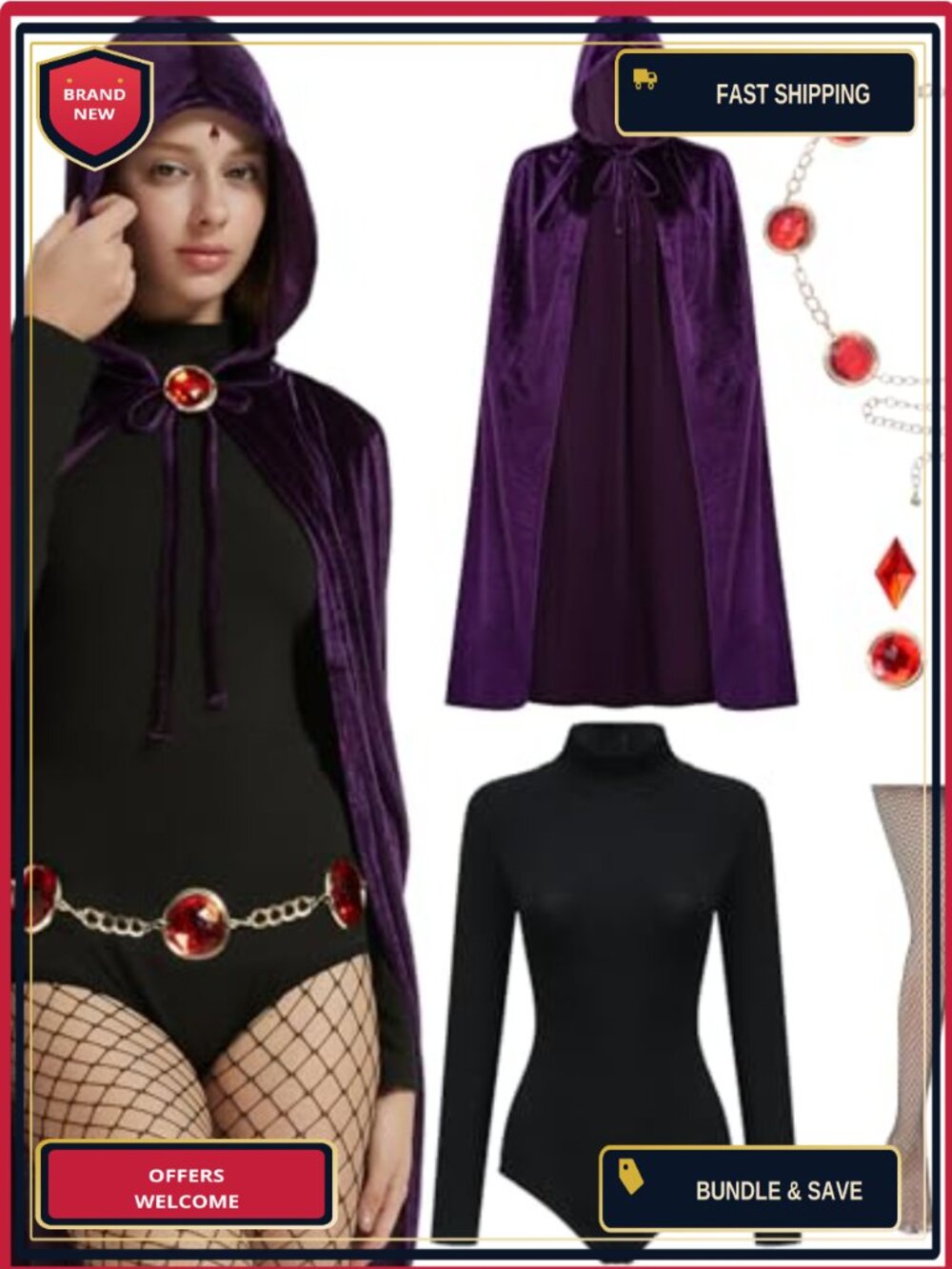 Women's Halloween Heroine Costume Cape Bodysuit Gem Belt Cosplay Set